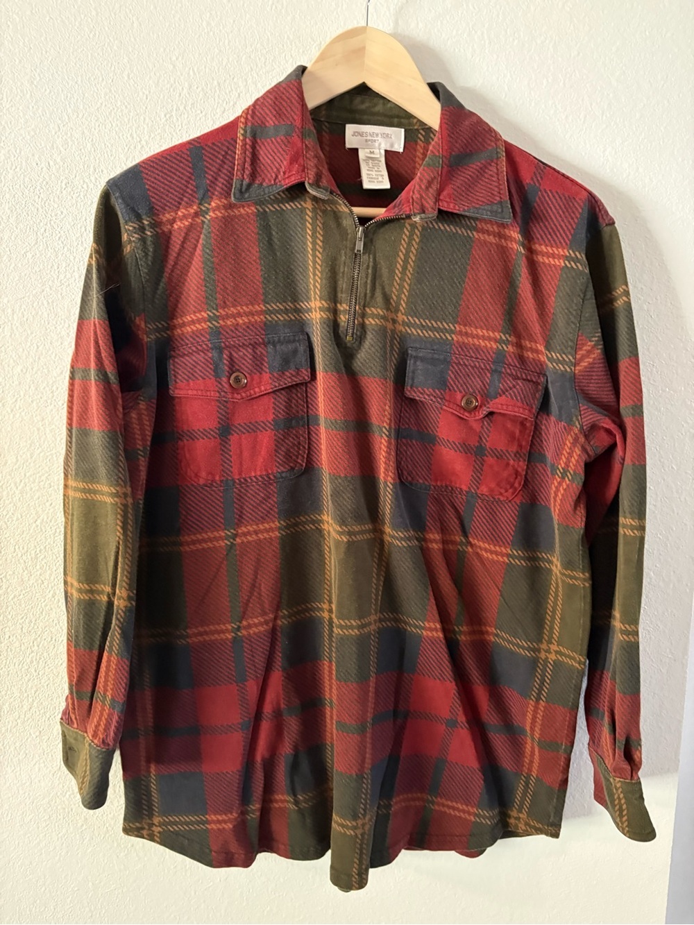 Cabincore Plaid Cotton Half Zip Sweater Jones New York Red, Olive & Navy Medium